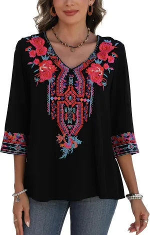 AK Mexican Embroidered Tops for Women Boho Floral 3/4 Sleeve Peasant Blouses Summer Casual Boho Clothes Hippie Shirt