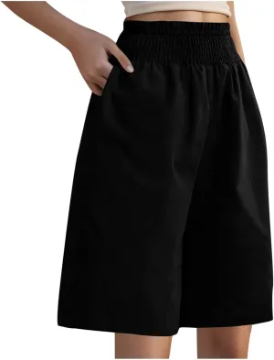 Bermuda Shorts for Women Smocked High Waist Knee Length Linen Short Pants Summer Loose Fit Long Shorts with Pockets