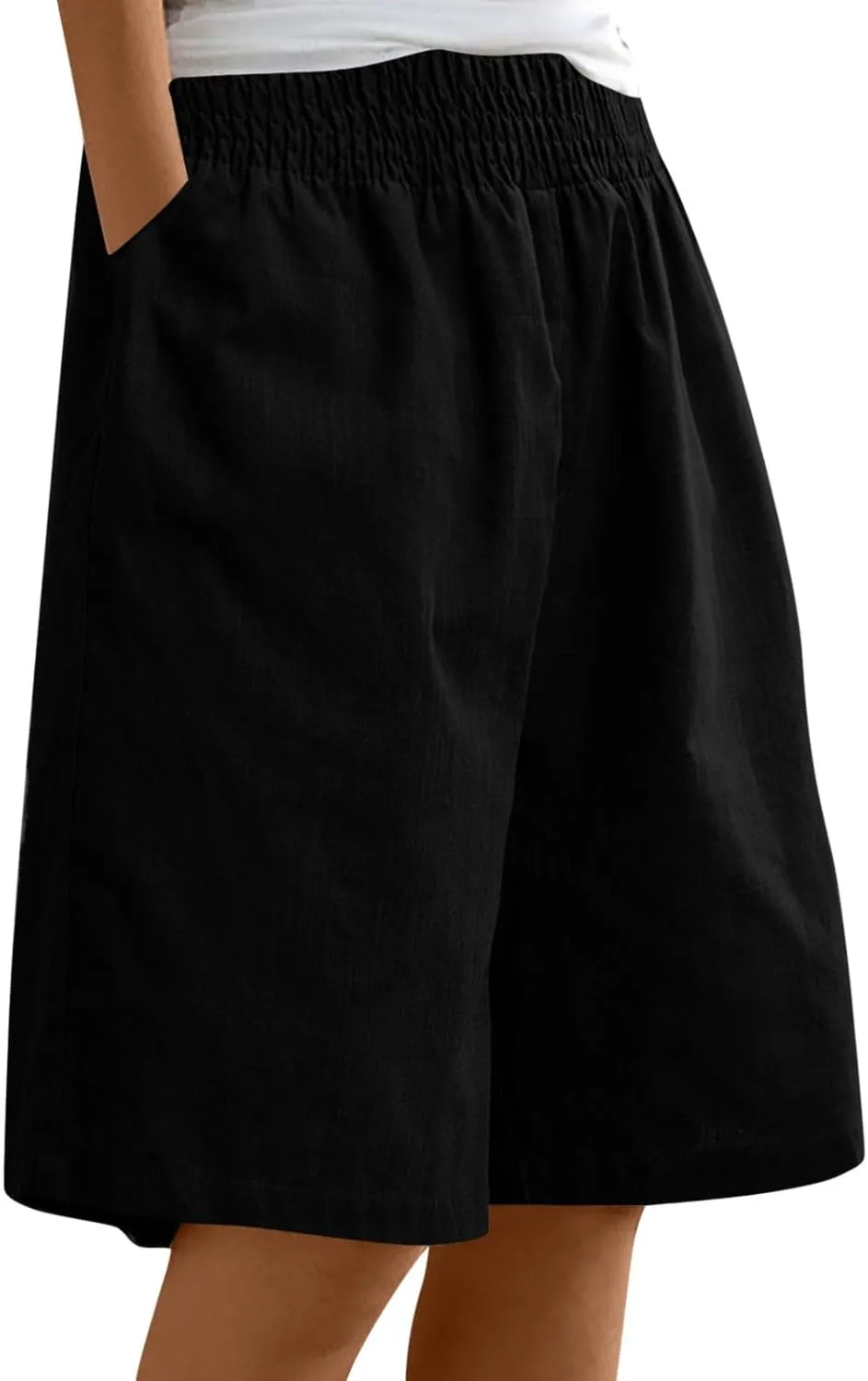 Bermuda Shorts for Women Smocked High Waist Knee Length Linen Short Pants Summer Loose Fit Long Shorts with Pockets