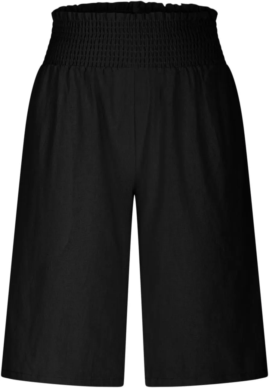 Bermuda Shorts for Women Smocked High Waist Knee Length Linen Short Pants Summer Loose Fit Long Shorts with Pockets