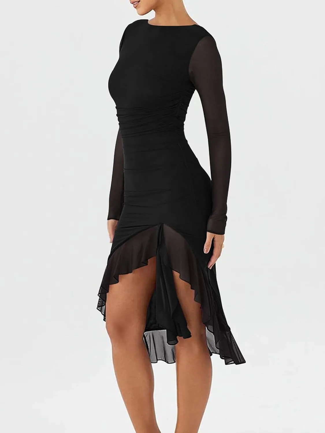 BORIFLORS Women's Sexy Ruched Bodycon Midi Dresses Elegant Mesh Long Sleeve Ruffle Hem Cocktail Party Dress