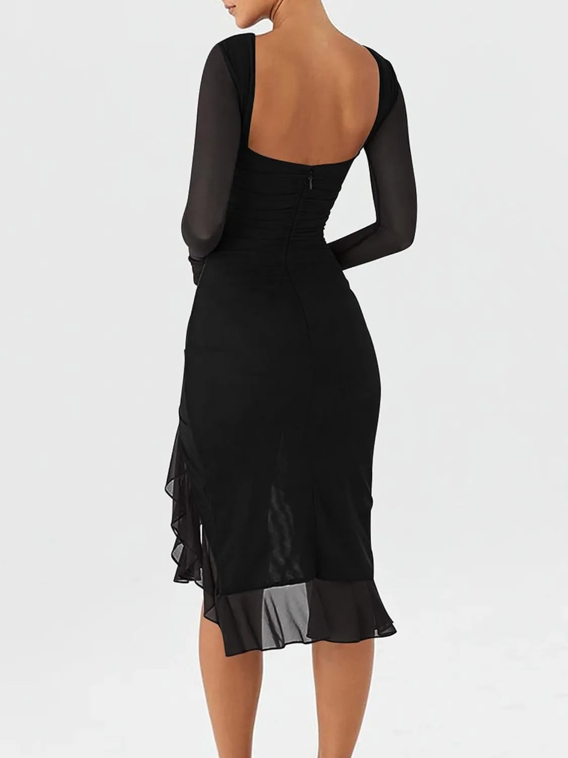 BORIFLORS Women's Sexy Ruched Bodycon Midi Dresses Elegant Mesh Long Sleeve Ruffle Hem Cocktail Party Dress