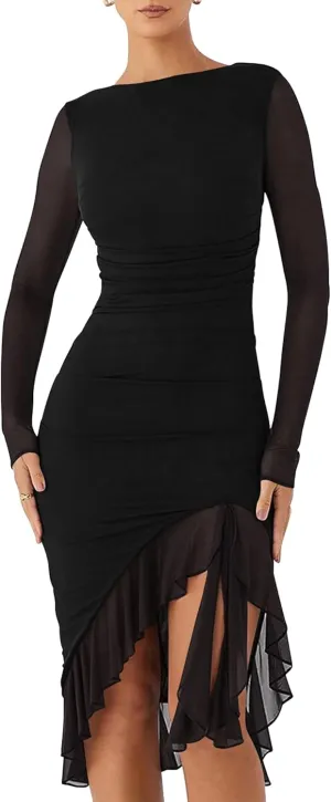 BORIFLORS Women's Sexy Ruched Bodycon Midi Dresses Elegant Mesh Long Sleeve Ruffle Hem Cocktail Party Dress