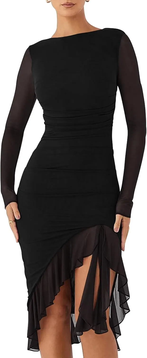 BORIFLORS Women's Sexy Ruched Bodycon Midi Dresses Elegant Mesh Long Sleeve Ruffle Hem Cocktail Party Dress