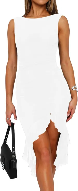 BORIFLORS Women's Sexy Ruched Bodycon Midi Dresses Elegant Sleeveless Backless Ruffle Hem Cocktail Party Tank Dress