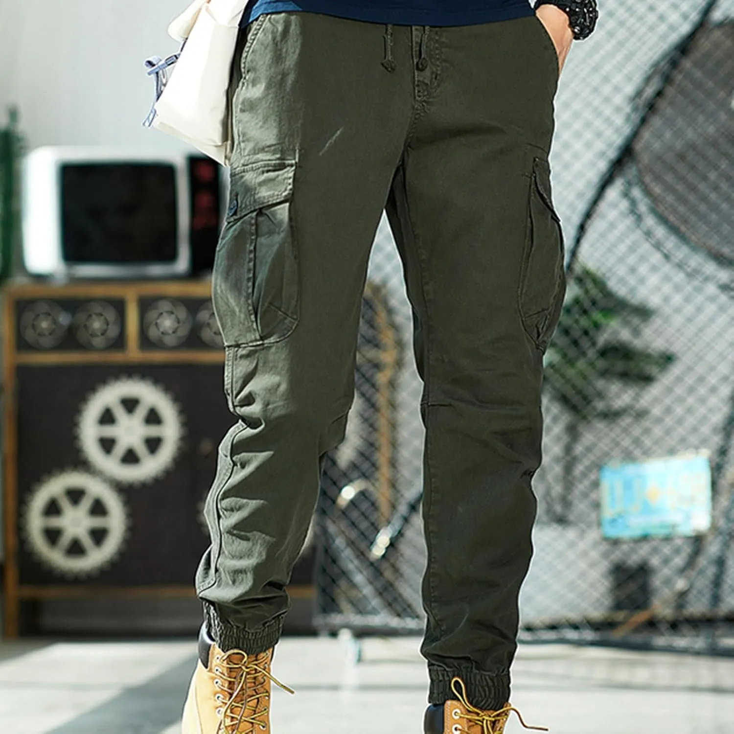 Cargo Pants for Men Multi Pocket Elastic Waist Pants Outdoor Work Pants Casual Cinch Bottom Pants Relaxed Trousers