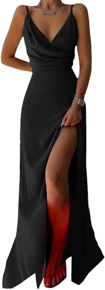 CCIGO Women's Floral Print Spaghetti Straps V Neck Side Slit Sexy Beach Evening Party Maxi Dresses