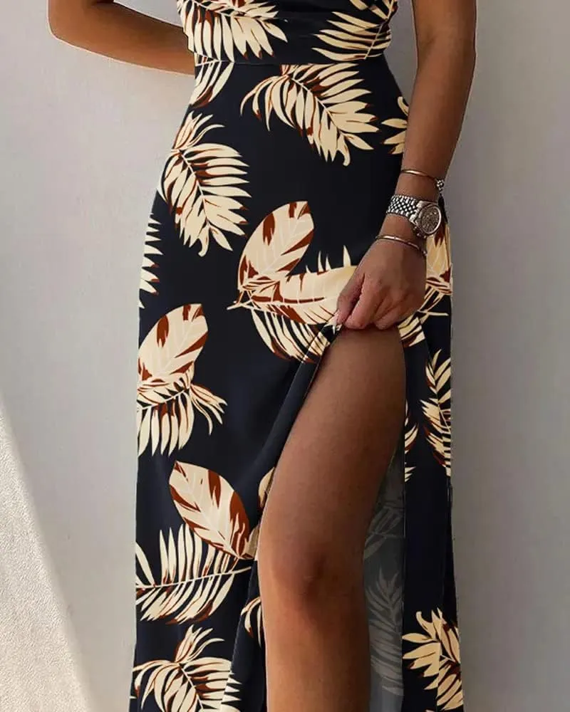 CCIGO Women's Floral Print Spaghetti Straps V Neck Side Slit Sexy Beach Evening Party Maxi Dresses