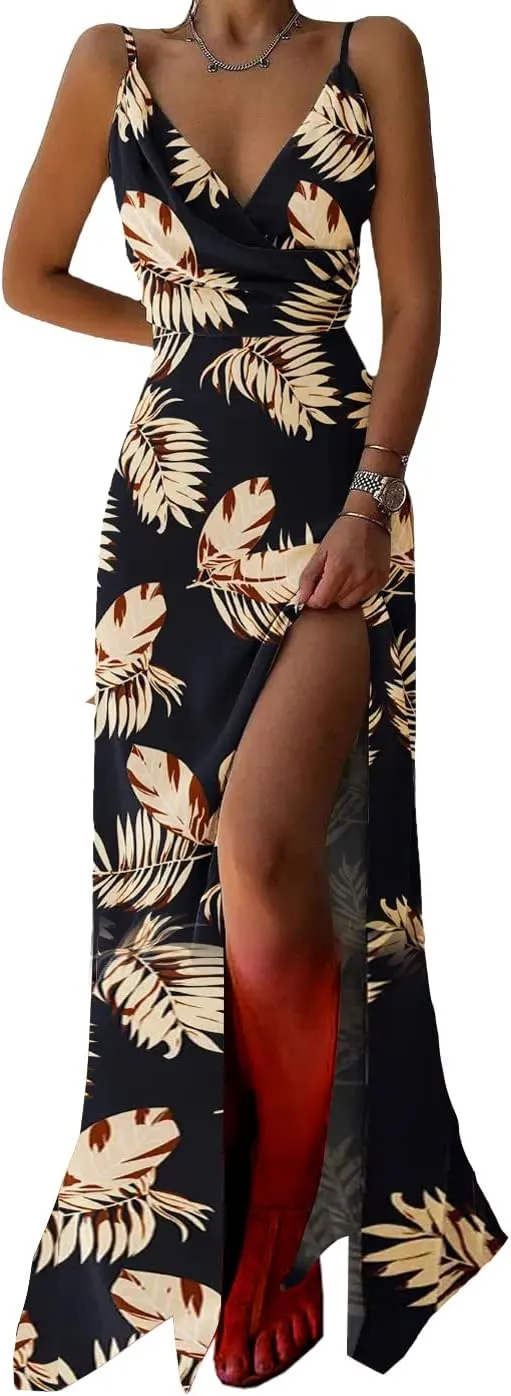 CCIGO Women's Floral Print Spaghetti Straps V Neck Side Slit Sexy Beach Evening Party Maxi Dresses