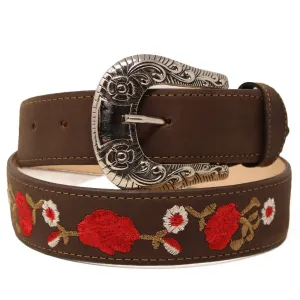 Cinto Vaquero para Mujer de Cuero Original Color Cafe con Flores Rojas WD-1594