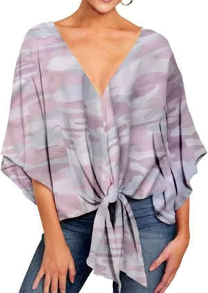 Ckikiou Womens Plus Size V Neck Knot Tie Front Summer Chiffon Blouses Tops Loose 3/4 Batwing Sleeve Shirts