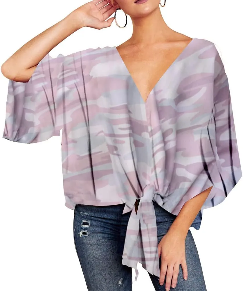 Ckikiou Womens Plus Size V Neck Knot Tie Front Summer Chiffon Blouses Tops Loose 3/4 Batwing Sleeve Shirts
