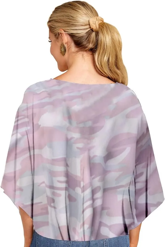 Ckikiou Womens Plus Size V Neck Knot Tie Front Summer Chiffon Blouses Tops Loose 3/4 Batwing Sleeve Shirts