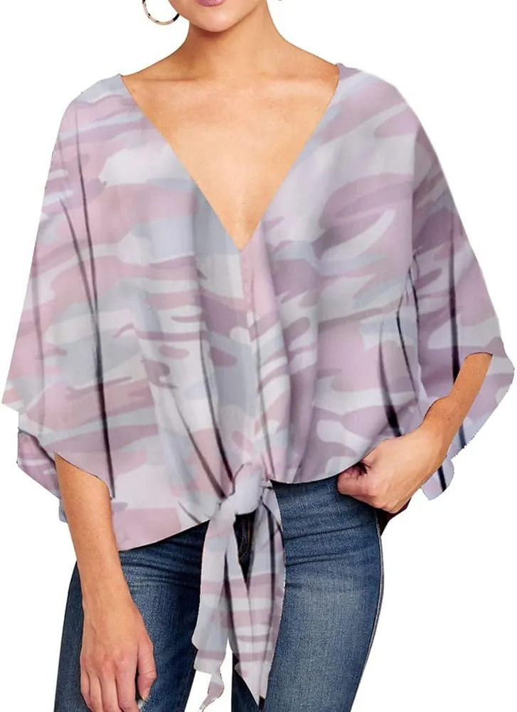 Ckikiou Womens Plus Size V Neck Knot Tie Front Summer Chiffon Blouses Tops Loose 3/4 Batwing Sleeve Shirts