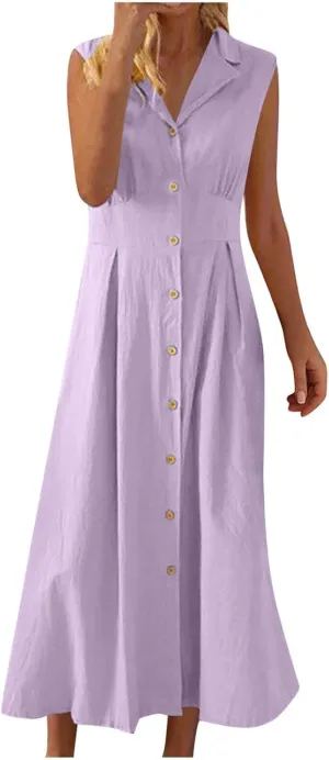 Cotton Linen Dresses for Women 2025 Lightweight Sleeveless Button Down Dresses Summer Drop Waist Work Dress