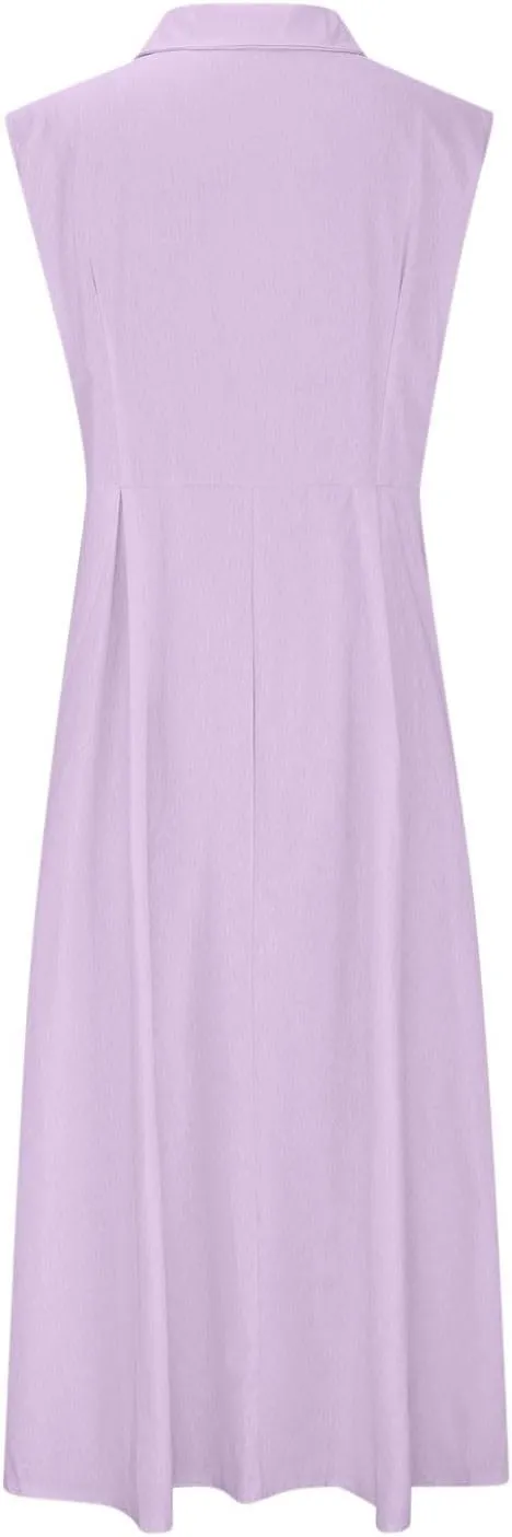 Cotton Linen Dresses for Women 2025 Lightweight Sleeveless Button Down Dresses Summer Drop Waist Work Dress