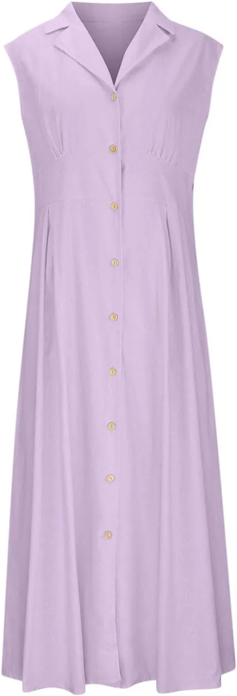 Cotton Linen Dresses for Women 2025 Lightweight Sleeveless Button Down Dresses Summer Drop Waist Work Dress
