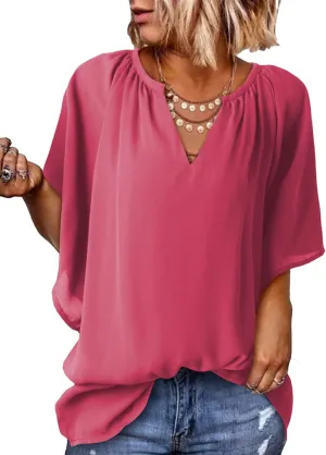 Dokotoo Womens Summer Tops V Neck Short Sleeve Shirts Business Work Chiffon Women Blouses