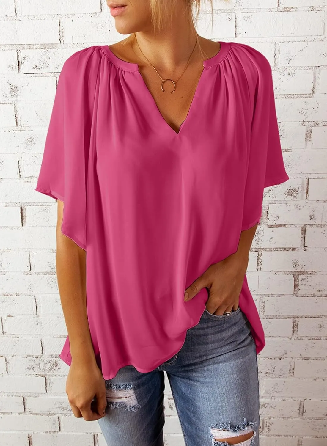Dokotoo Womens Summer Tops V Neck Short Sleeve Shirts Business Work Chiffon Women Blouses