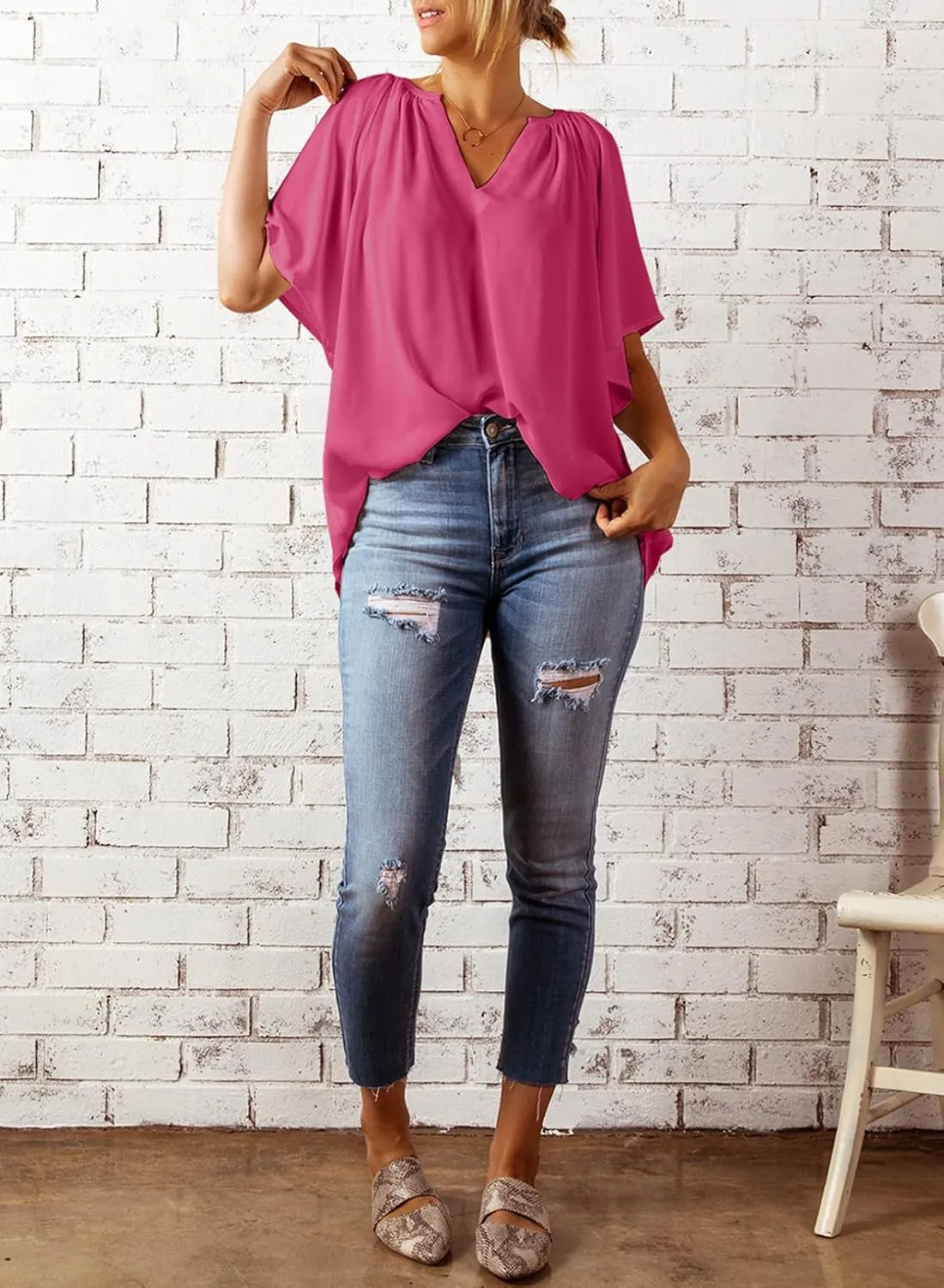 Dokotoo Womens Summer Tops V Neck Short Sleeve Shirts Business Work Chiffon Women Blouses