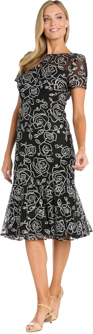 Elegant Midi Chiffon Dress W/Ruffle Top & Chiffon Capelet