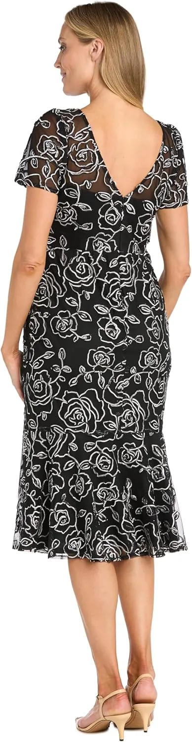 Elegant Midi Chiffon Dress W/Ruffle Top & Chiffon Capelet
