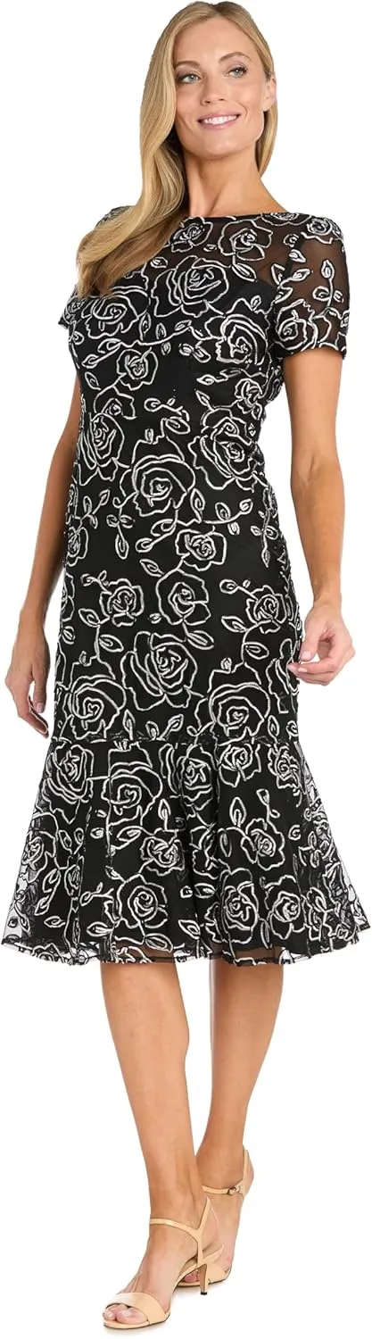 Elegant Midi Chiffon Dress W/Ruffle Top & Chiffon Capelet
