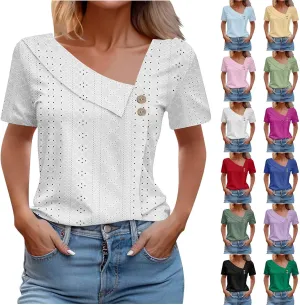 Eyelet Tops for Women Short Sleeve Trendy Dressy Blouses Asymmetric V Neck Button Shirts Casual Tunics 2025 Summer Work