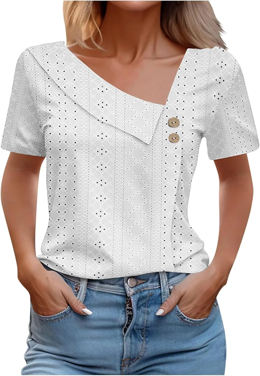 Eyelet Tops for Women Short Sleeve Trendy Dressy Blouses Asymmetric V Neck Button Shirts Casual Tunics 2025 Summer Work