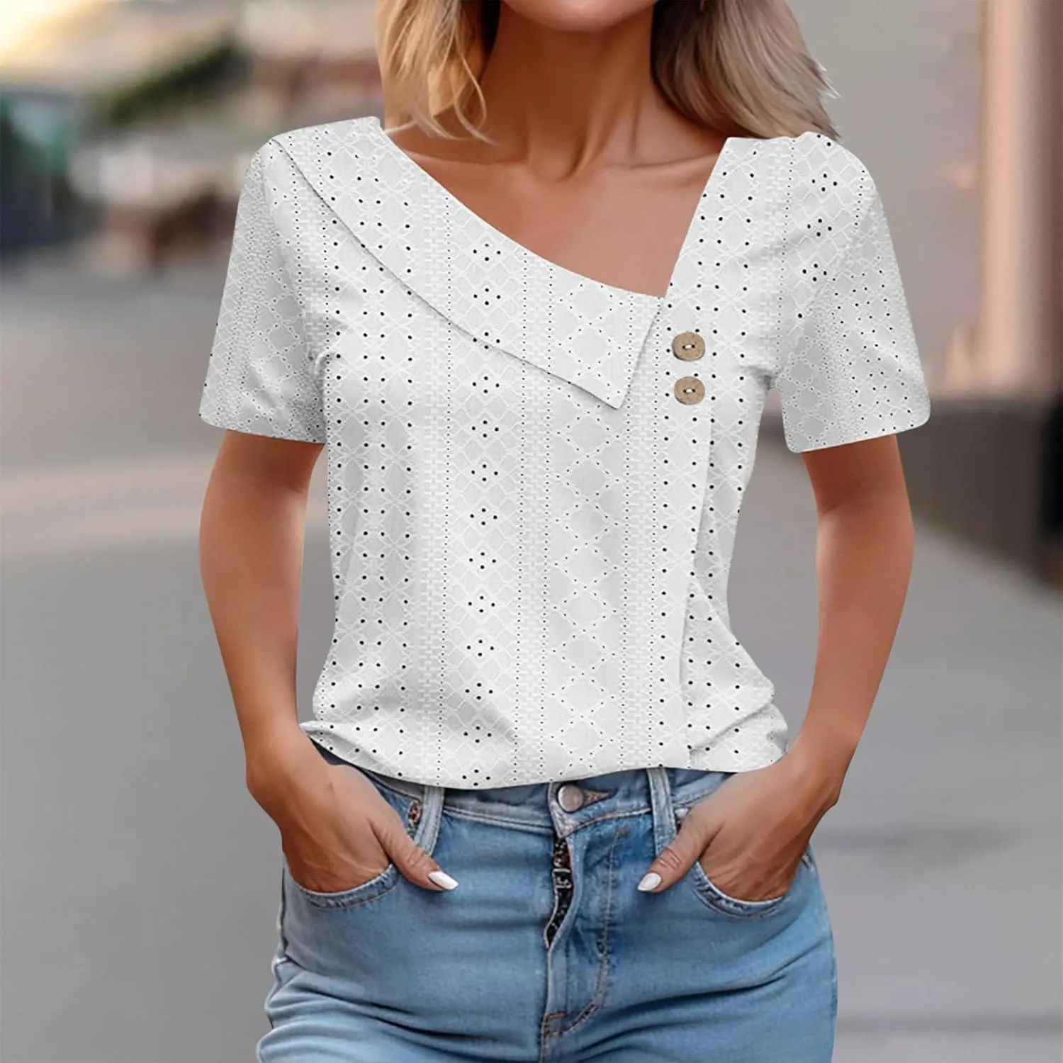 Eyelet Tops for Women Short Sleeve Trendy Dressy Blouses Asymmetric V Neck Button Shirts Casual Tunics 2025 Summer Work