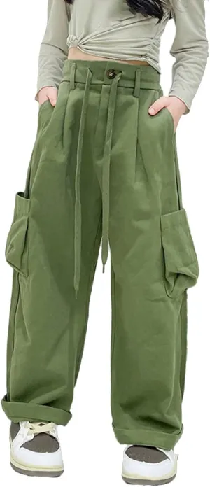 Girls Cargo Pants Staight Wide Cuffed Leg Baggy Casual Trousers Streetwear Y2k High Elastic Waist Solid