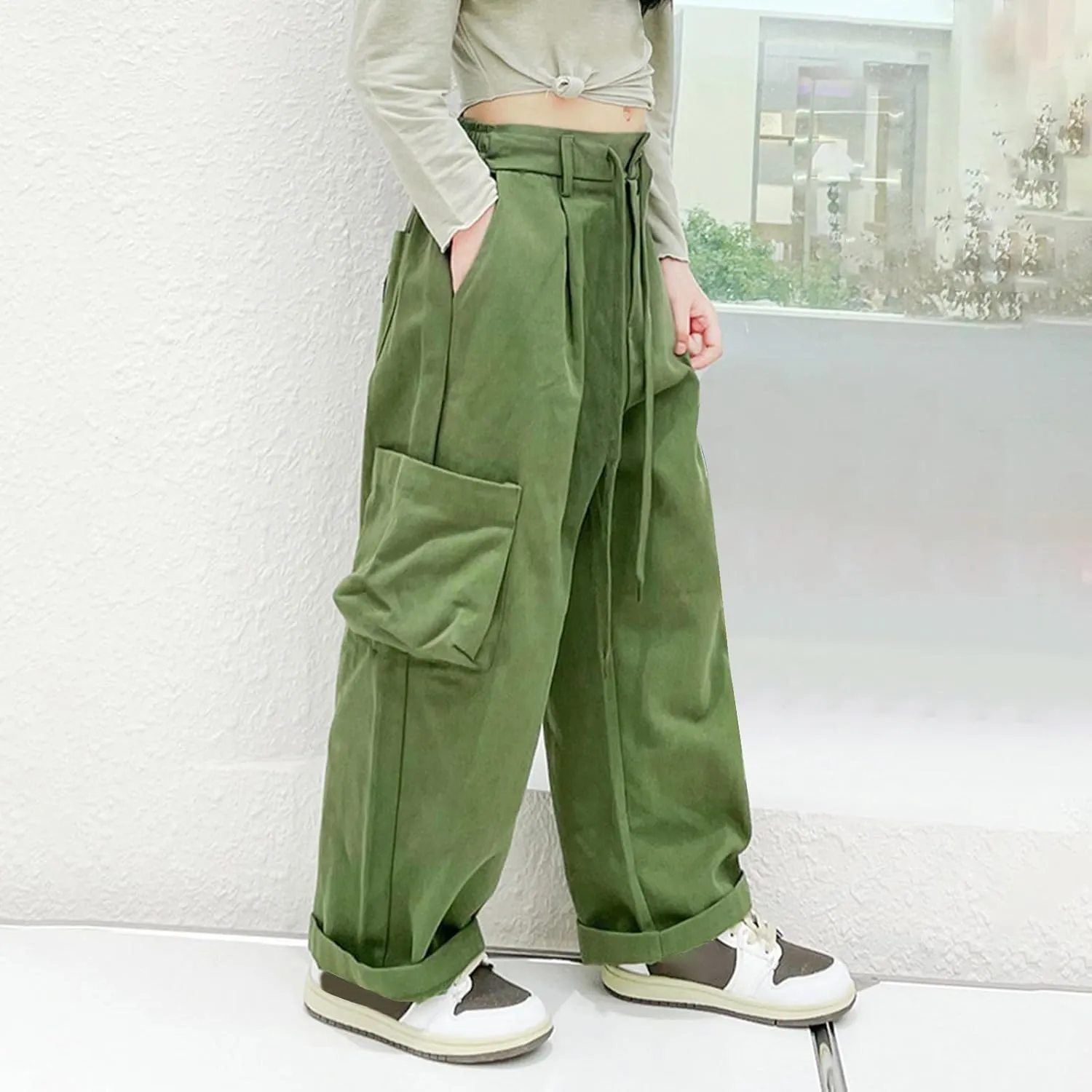 Girls Cargo Pants Staight Wide Cuffed Leg Baggy Casual Trousers Streetwear Y2k High Elastic Waist Solid