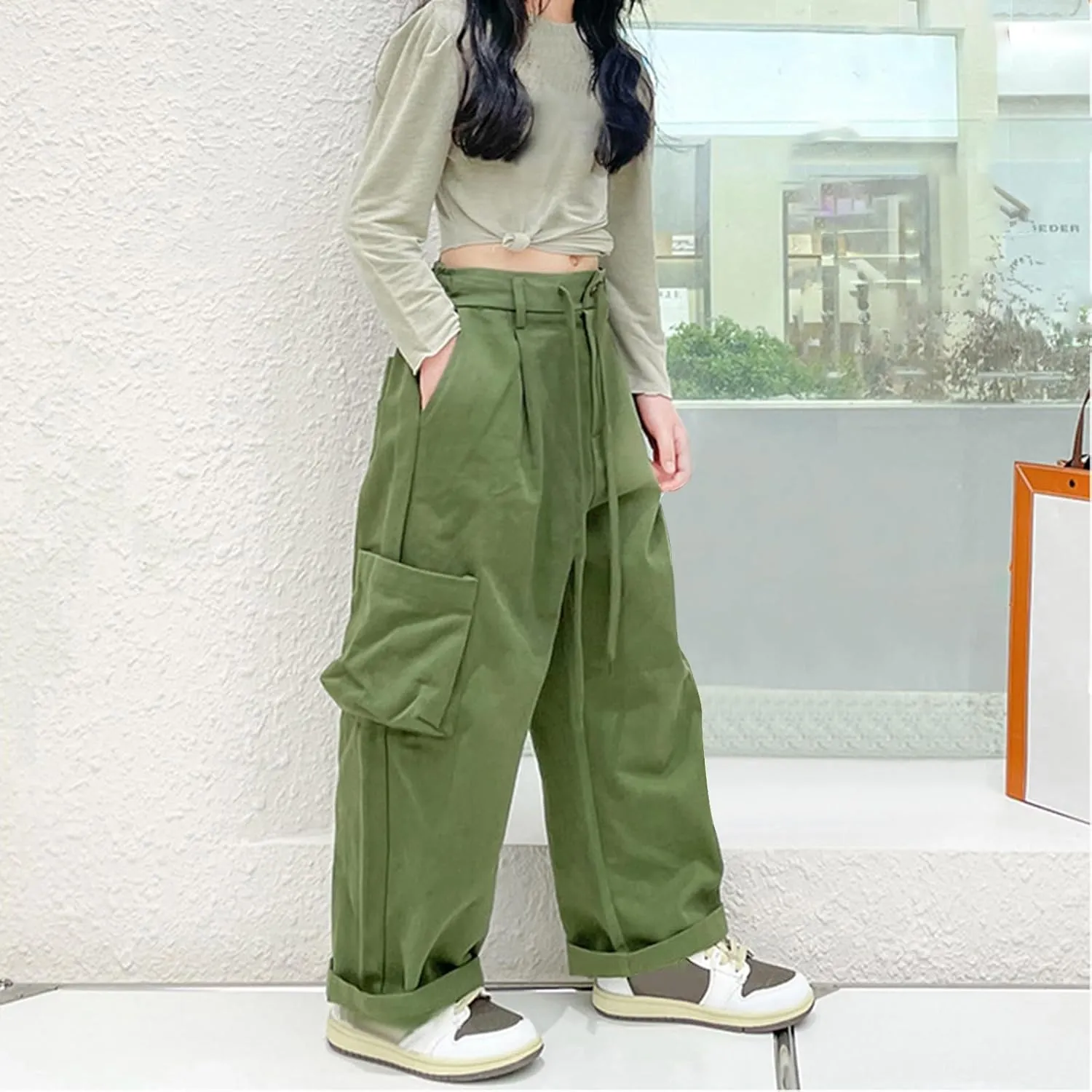 Girls Cargo Pants Staight Wide Cuffed Leg Baggy Casual Trousers Streetwear Y2k High Elastic Waist Solid