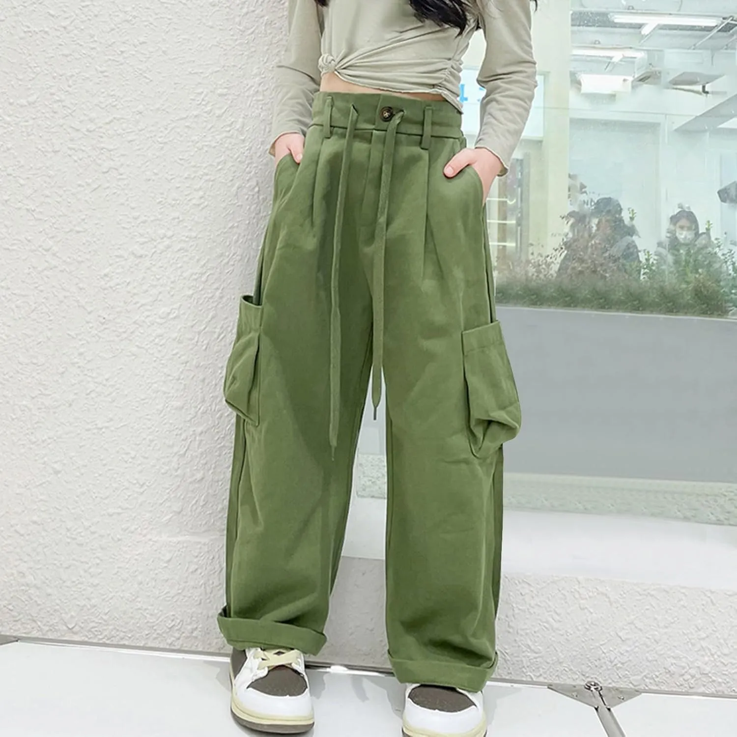 Girls Cargo Pants Staight Wide Cuffed Leg Baggy Casual Trousers Streetwear Y2k High Elastic Waist Solid