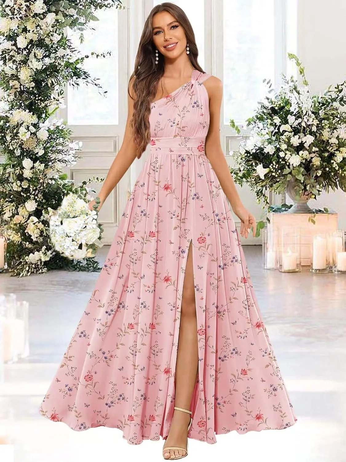 GUKARLEED Womens Long One Shoulder Bridesmaid Dresses Wrap Ruffles Chiffon A-line Wedding Guest Dress Formal Dress with Slit