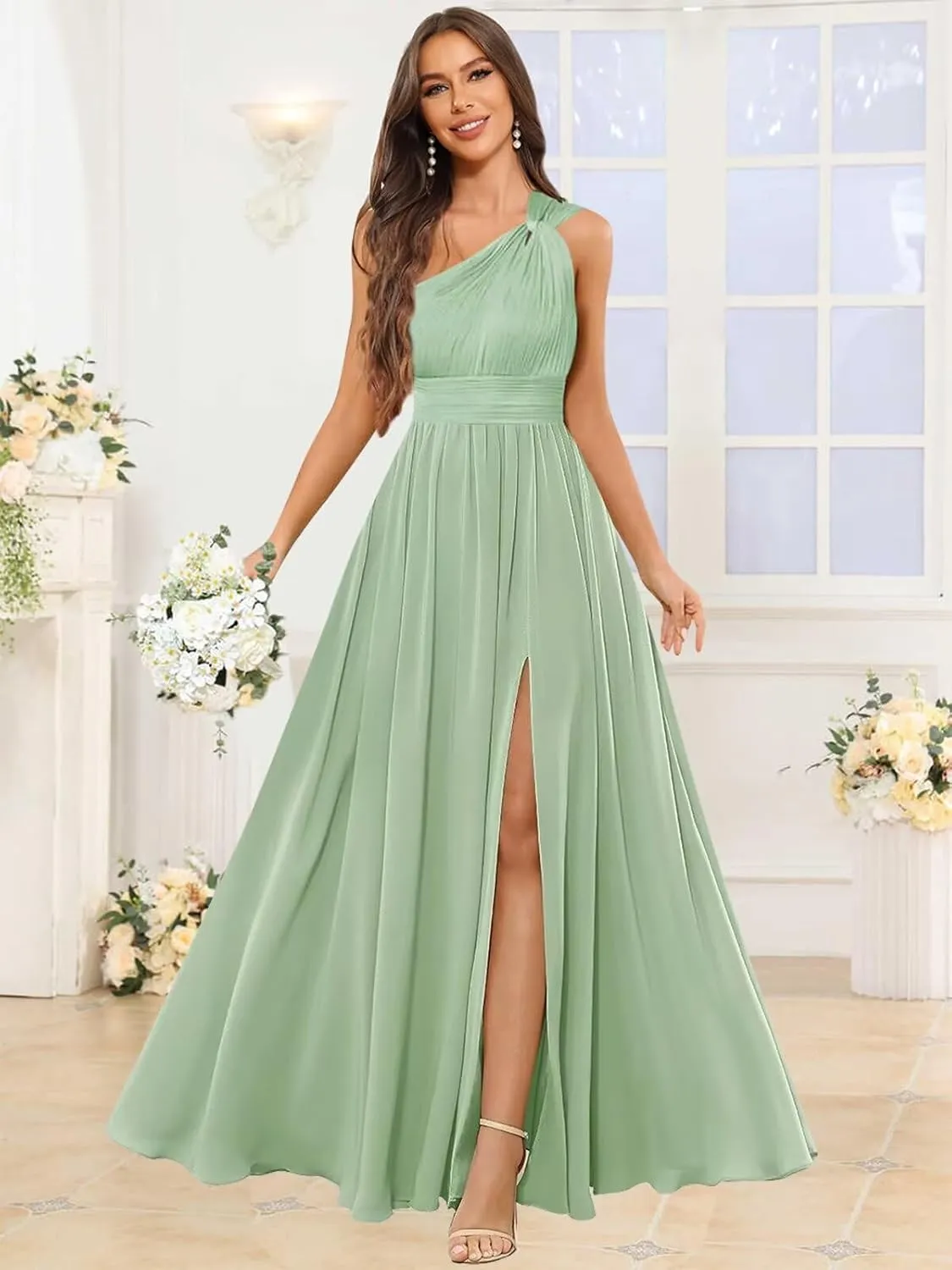 GUKARLEED Womens Long One Shoulder Bridesmaid Dresses Wrap Ruffles Chiffon A-line Wedding Guest Dress Formal Dress with Slit
