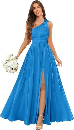 GUKARLEED Womens Long One Shoulder Bridesmaid Dresses Wrap Ruffles Chiffon A-line Wedding Guest Dress Formal Dress with Slit