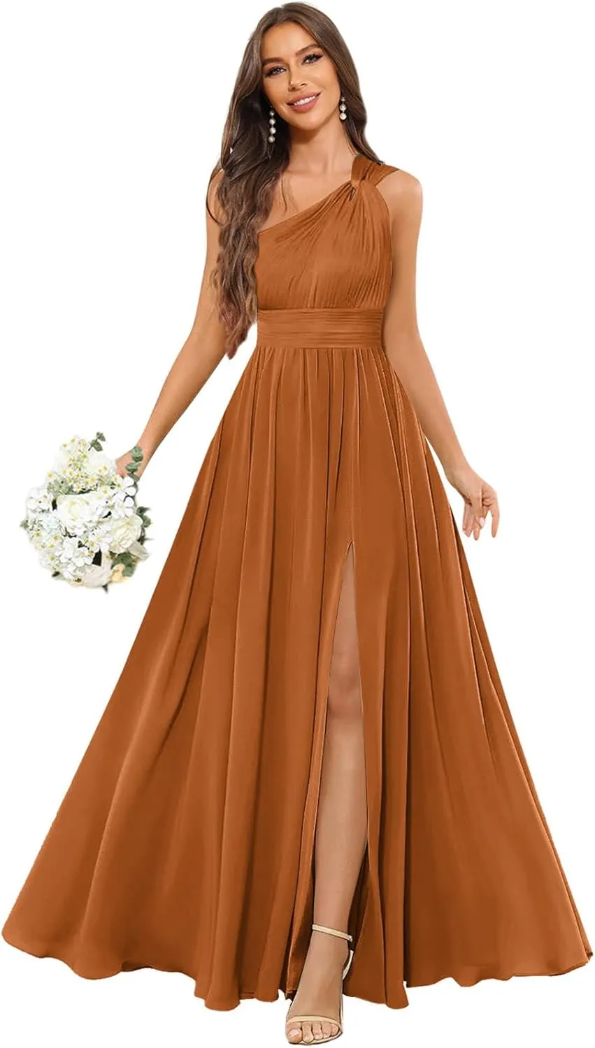 GUKARLEED Womens Long One Shoulder Bridesmaid Dresses Wrap Ruffles Chiffon A-line Wedding Guest Dress Formal Dress with Slit