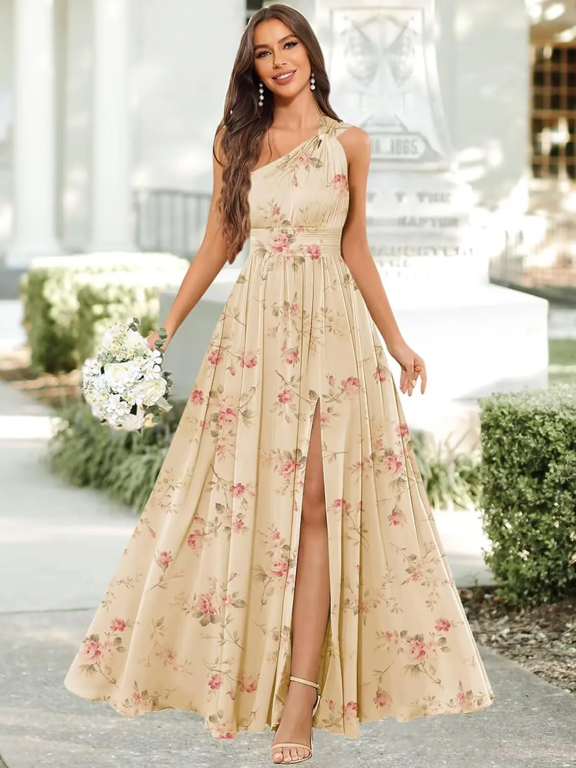 GUKARLEED Womens Long One Shoulder Bridesmaid Dresses Wrap Ruffles Chiffon A-line Wedding Guest Dress Formal Dress with Slit