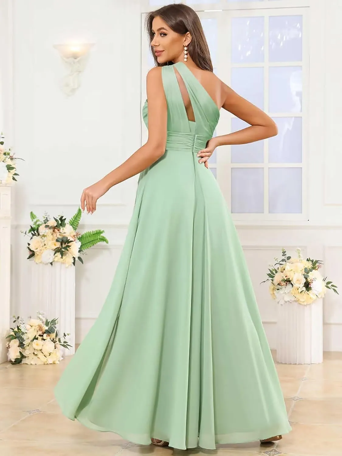 GUKARLEED Womens Long One Shoulder Bridesmaid Dresses Wrap Ruffles Chiffon A-line Wedding Guest Dress Formal Dress with Slit