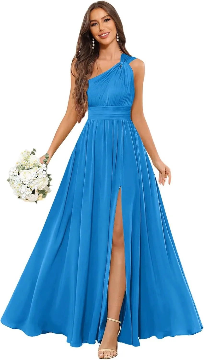 GUKARLEED Womens Long One Shoulder Bridesmaid Dresses Wrap Ruffles Chiffon A-line Wedding Guest Dress Formal Dress with Slit