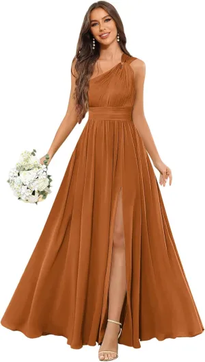 GUKARLEED Womens Long One Shoulder Bridesmaid Dresses Wrap Ruffles Chiffon A-line Wedding Guest Dress Formal Dress with Slit