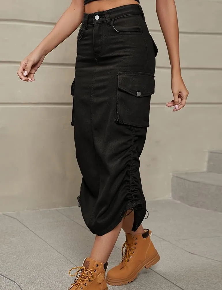 IDEALSANXUN Cargo Skirts for Women Midi Long Denim Jean Skirt