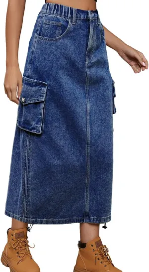 IDEALSANXUN Cargo Skirts for Women Midi Long Denim Jean Skirt