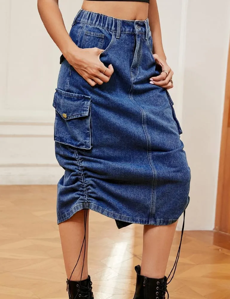 IDEALSANXUN Cargo Skirts for Women Midi Long Denim Jean Skirt