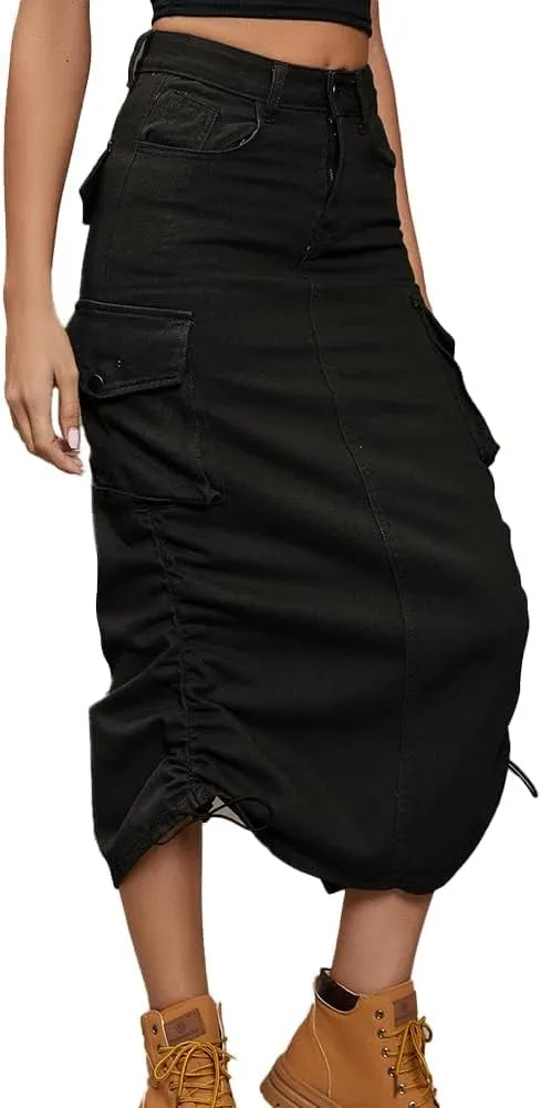 IDEALSANXUN Cargo Skirts for Women Midi Long Denim Jean Skirt