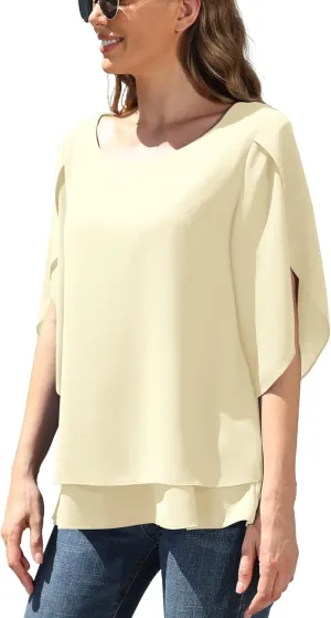 Jouica Women's Fall 3/4 Sleeve Tops Lined Flowy Chiffon Blouse Scoop Neck Shirt for Women Jouica Women's Fall 3/4 Sleeve Tops Lined Flowy Chiffon Blouse Scoop Neck Shirt for Women