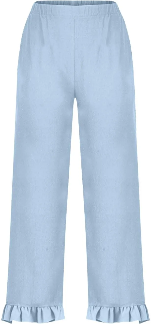 Linen Capri Pants for Women Ruffle Hem Drawstring Wide Leg Trousers Summer Casual Capris Beach Clothes with Pockets