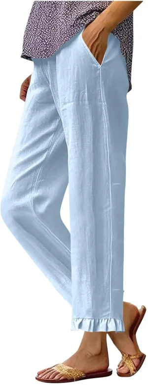 Linen Capri Pants for Women Ruffle Hem Drawstring Wide Leg Trousers Summer Casual Capris Beach Clothes with Pockets