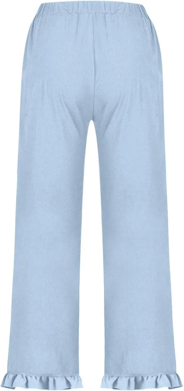 Linen Capri Pants for Women Ruffle Hem Drawstring Wide Leg Trousers Summer Casual Capris Beach Clothes with Pockets